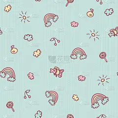 矢量无缝卡通图案。鱼，水果，糖果，云彩，太阳和彩虹。柔和的绿松石背景的孩子。