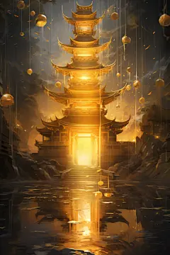云雾缭绕古风古韵金线城市建筑插画