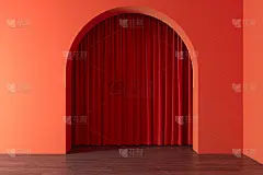 有几何拱门的走廊，红色的墙壁和红色的窗帘。3 d渲染。美好未来的概念。神秘的未来,
