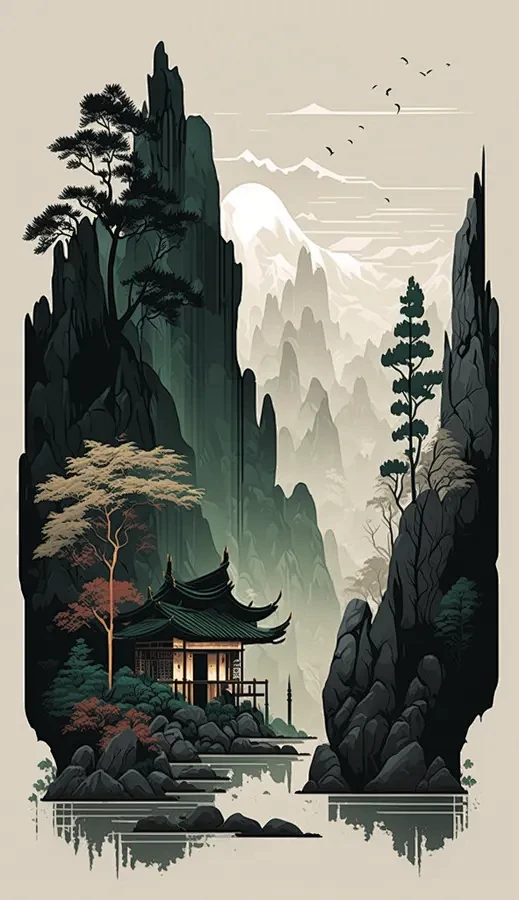 禅意风国潮山水风景场景插画图片-花瓣网