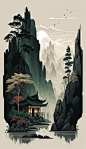 禅意风国潮山水风景场景插画图片