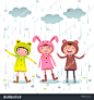 穿五颜六色的雨衣和起动的孩子的例证使用在雨天