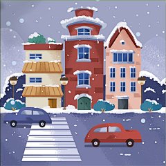 扁平风冬天城市街道建筑城市雪景插画