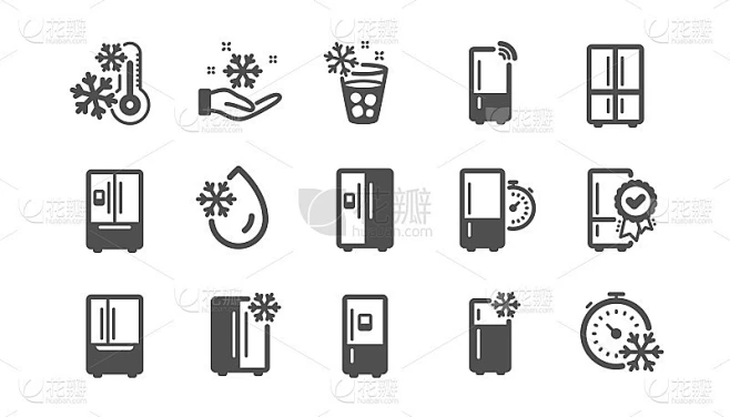 冰箱的图标集。冰箱，智能冰箱，冷库储存。带冰的水，冷却器，温度计。向量素材-花瓣网