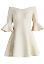 Simple Elegance Off-shoulder Dress in Nude : When it comes to elegant simplicity and romantic charm, this nude fit and flare fulfills your 'reverie' wish. The off-the-shoulder silhouette, splendor flare hemline, and statement bell sleeves of this dress ma