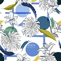 热带花  - 源文件下载【酷图网】热带花,椰树,花,芭蕉叶,素材,数码印花,