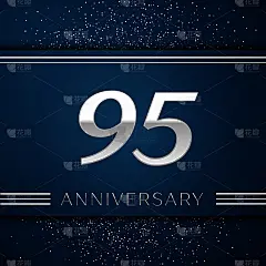 现实95周年庆典。蓝色背景上的银色数字和银色纸屑。彩色矢量模板元素为您的生日派对