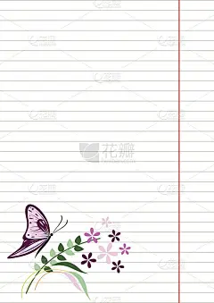 矢量空白的信件或贺卡。笔记本纸，白色的线条，蝴蝶和花与叶。A4格式大小。