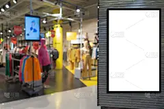 空白展板或广告灯箱为您的文字信息或媒体内容模糊形象流行时尚服装店展示在商场、商业、营销理念