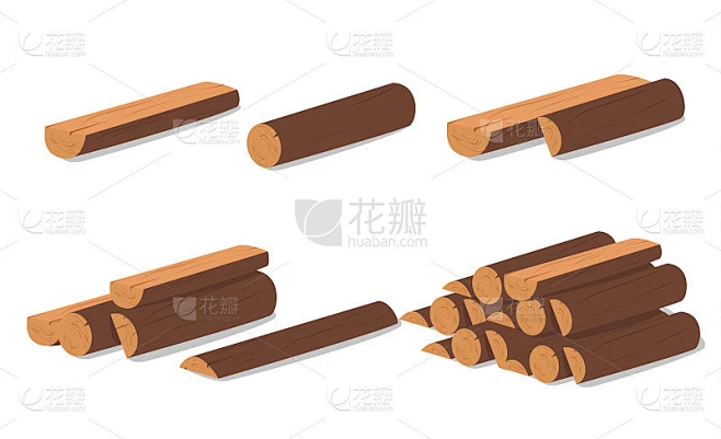 原木。枯木的棕色树皮。购买建筑。矢量插图。一套木制带子的木材，说明了木材材料的工业。木板素材-花瓣网