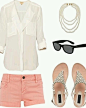 White shirt, pearl necklace, sunglasses, pink shorts and sandals for ladies. 