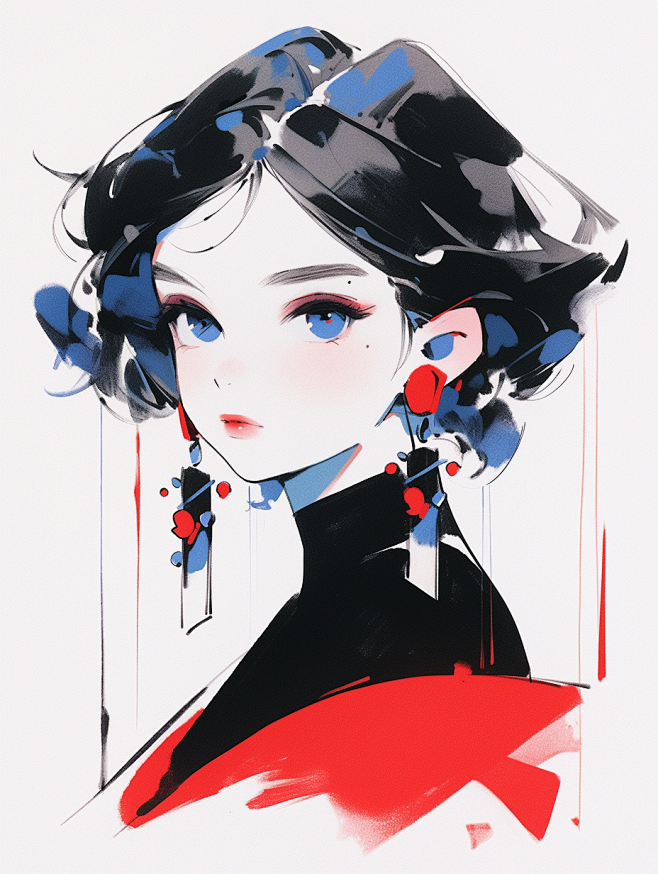红蓝撞色国潮水墨女头