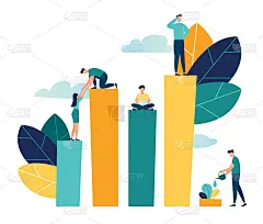 矢量创意插画商业图形，公司从事联合建设的柱形图形，事业走向成功的崛起，平面彩色图标，商业分析