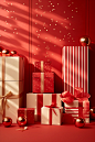 Gifts with red boxes and gold foil on a shelf, in the style of scattered composition, luminous hues, monochromatic abstractions, polka dot madness, light red, tabletop photography, stripes and shapes