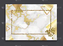 金色邀请或宣传册，横幅，大理石背景在时尚的极简几何风格三角形，金色线条，纹理，花岗岩，闪光，框架，矢