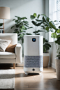 The air purifier sits on a table in the family's living room, purifying the indoor air against a minimalist, light-colored background from IKEA. Professional capture through product photography, featuring shallow depth of field focus in the middle zone, s