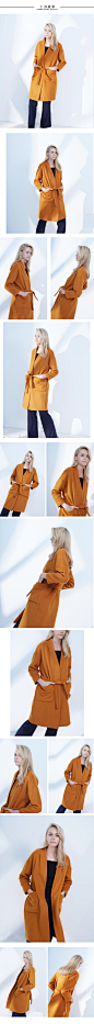 PISN 2015冬季新品 姜黄色法式睡衣款系带毛呢长大衣外套