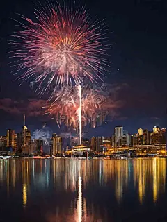 城市夜空的新年绚烂烟花唯美插画