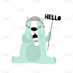 可爱的小熊喝牛奶印。儿童插图托儿所，服装，卡片，婴儿送礼会。创造性的孩子设计