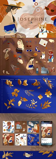 韩式轻奢小众女性小资人物拼贴图案手绘插画插图国外设计素材下载_颜格视觉