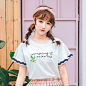 Skgirl字母刺绣花边短袖韩版夏季新款学生宽松港味喇叭袖T恤女-tmall.com天猫