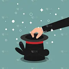 魔术帽与兔子惊喜。魔术表演概念矢量平面卡通插图。