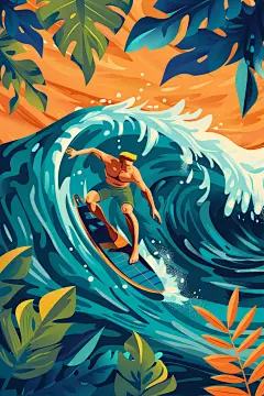 扁平风冲浪玩水夏天插画