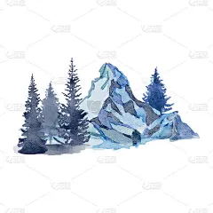 水彩画与冬季的山和圣诞树