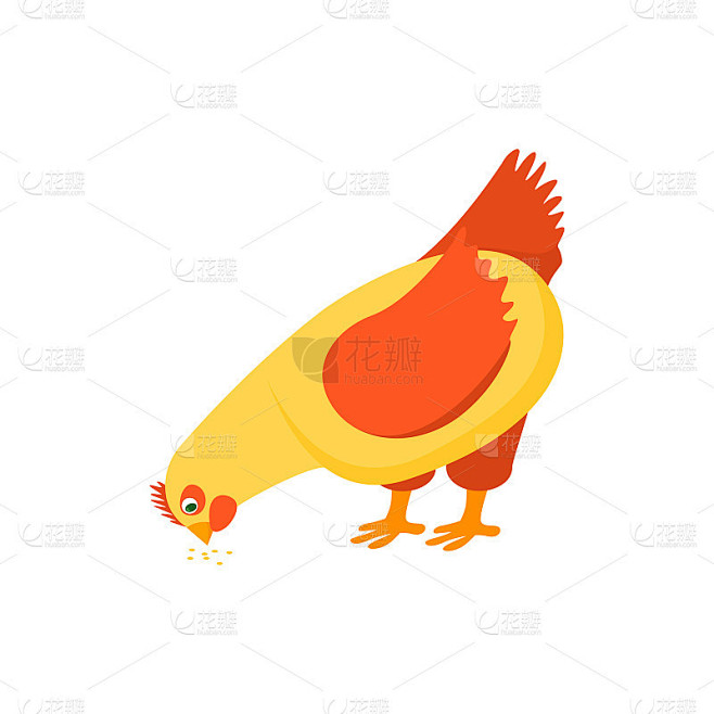Cartoon Character Happy Hen Pecking Food. Vector