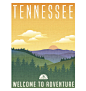 Tennessee, United States travel poster or luggage sticker. Scenic illustration of the Great Smoky Mountains with pine trees and sunrise.