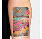 女生手臂上彩绘水彩卡通村庄纹身图案