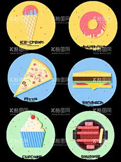 矢量卡通简约食物美食  - 源文件下载【酷图网】矢量,卡通,简约,食物,美食,披萨,点心,甜甜圈,