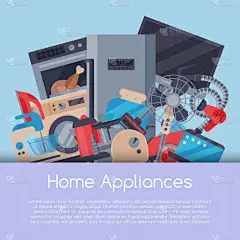 家电海报平面插画向量。现代科技房屋机器设备。家用电器自动化设备.