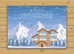 滑雪胜地，酒店，或冬季家庭住宅圣诞假期的雪山景观，松树林和飘落的雪。矢量插图的贺卡。