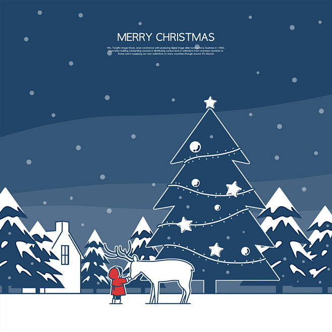 雪花漫天 蓝色夜空 驯鹿儿童 圣诞插图插...