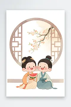 吃西瓜七夕情人节古代人汉服Q版情侣插画