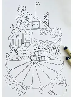 水果房子—橙子小屋（附线稿）创意儿童插画