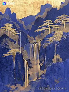 大美国风丨EQMJ AI绘制克莱因蓝金瀑布山水