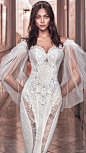 galia lahav spring 2018 bridal long bishop sleeves off the shoulder sweetheart neckline heavily embellished bodice vintage fit and flare wedding dress sweep train (thelma) zv