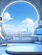 the monitor on the desk is blue, in the style of futuristic spacecraft design, soft, dreamy landscapes, realistic blue skies, cartoon mis-en-scene, medical imaging film., detailed architectural scenes, rounded shapes