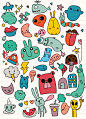 可爱的小动物小怪兽贴纸风格涂鸦手绘插画矢量图素材