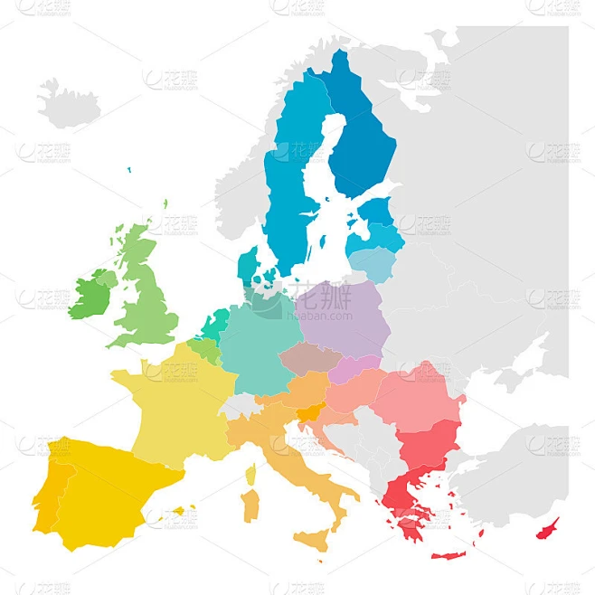欧盟、欧盟、成员国彩色矢量地图