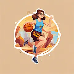 戴眼镜打篮球的女孩插画卡通风格贴纸