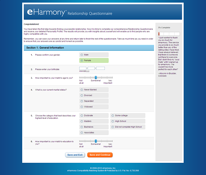 eHarmony - 注册成功后填写个人...