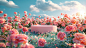 A pink podium on the grass surrounded by roses, with a sky blue background, in the cartoon style, rendered in C4D, as a 3D scene displaying a product, with soft lighting creating a dreamy atmosphere with high saturation and clear details, using a pink ton