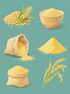 水彩风格插画，纯色背景，六个不同形态的小米元素规整排布，包括：饱满的小米颗粒堆、带绿叶的小米穗、陶碗中盛放的小米、编织袋中倾倒出的小米、小米磨成的黄色粉末、以及稻穗形态的小米谷物，整体保持明亮的黄色调与绿色点缀，细节丰富的水彩笔触，柔和的光影过渡，统一的手绘质感。