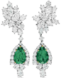 Harry Winston emerald and diamond earrings. Each suspending a detachable pendant, set with a pear-shaped emerald within a pear and circular-cut diamond surround, to the pear and marquise-cut diamond cluster surmount, mounted in platinum and gold. Via Chri