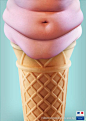 法国卫生部关于儿童肥胖的平面广告，看过之后，还敢不敢任性地吃冰激凌
在融化的冰激凌上面“加”了一个肚脐眼，马上就变成赘肉下垂的肚子，美味是那么让人倾心，不节制的美味却也让人触目惊心。