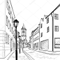 在 burglengenfeld，德国的街道。与塔为背景的欧洲古城。具有历史意义的城市街道。手的城市景观的素描画。矢量图