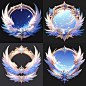 A game icon with white and blue wings, incorporating elements of a fantasy world. Cute and dreamy colors, light gold tones, bright lighting effects, high resolution, high quality, high details 